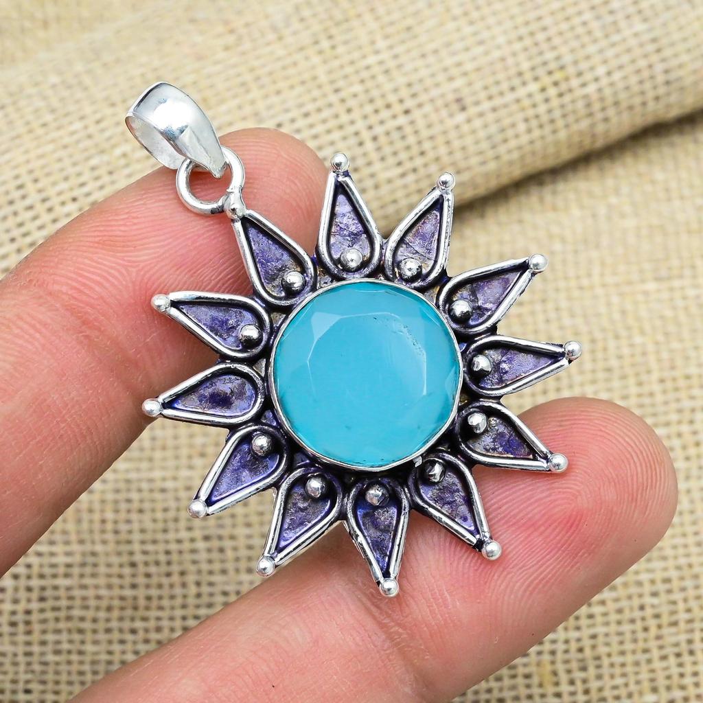 Blue Chalcedony Gemstone Jewelry 925 Sterling Silver Handmade Wonderful Pendant For Women