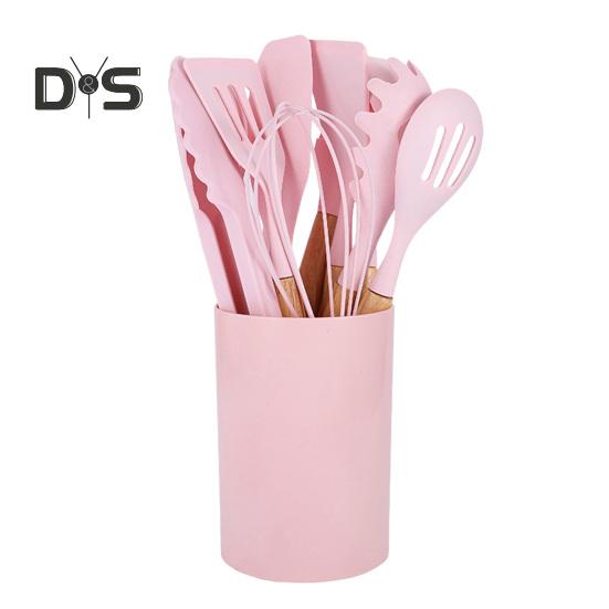 12dílná silikonová kuchyňská sada obracečka špachtle lžíce nepřilnavé tepelně odolné kuchyňské náčiní s dřevěnými rukojeťmi úložný kbelík pro veškeré nádobí