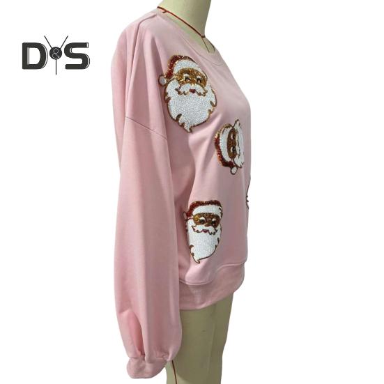 Women Christmas Sweatshirt Round Neck Sequin Santa Pattern Loose Long Lantern Sleeves Pullover Keep Warm New Year Party Top