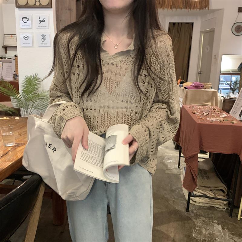 

Летний женский кардиган с высокой талией из ажурной вязки 2024 года — легкий солнцезащитный свитер с длинными рукавами. One Size хаки
