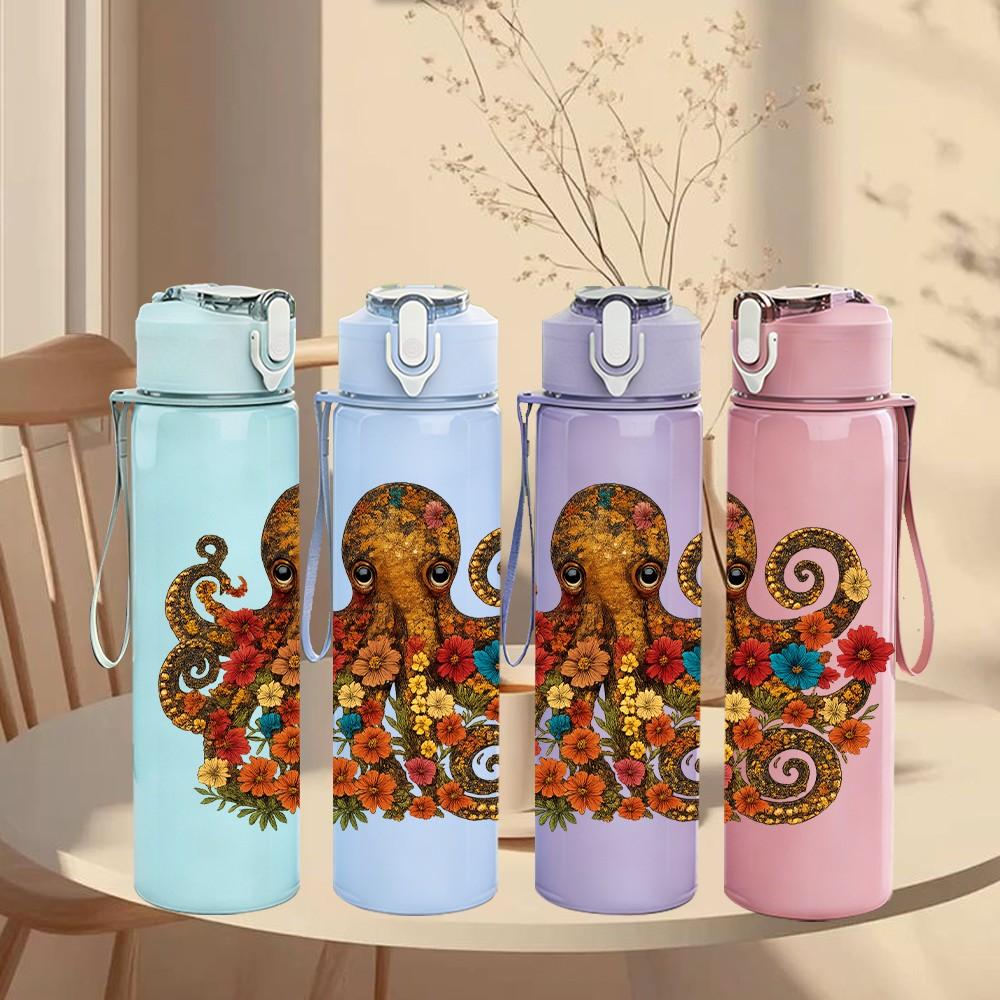 1PC Vintage Octopus Illustration 750ml Color Plastic Sports Water Bottle Leakproof Flip Straw Lid Suitable for Sports Office Home Use