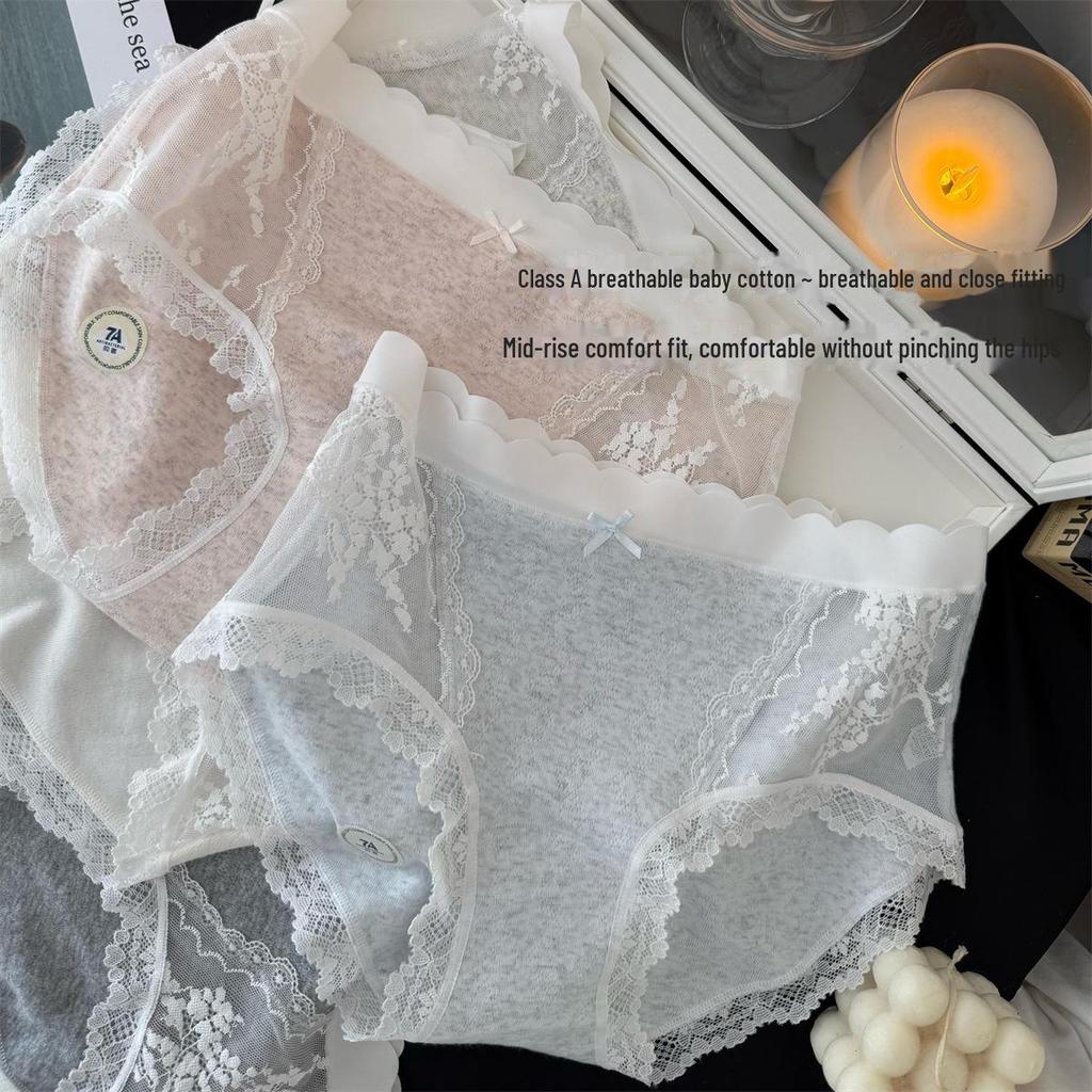"2024 Autumn/Winter New Sweet Hollow Lace Cotton Mid-Waist Triangle Underwear for Girls - Japanese Style"