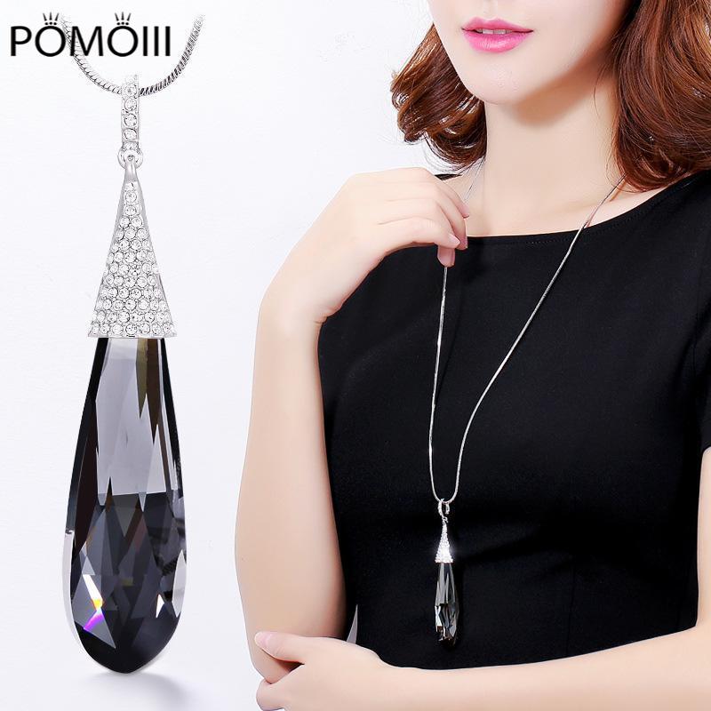 Novo colar longo com pingente de gota de água de cristal da moda para mulheres, joias, acessórios para vestido, suéter, colar, tudo combina