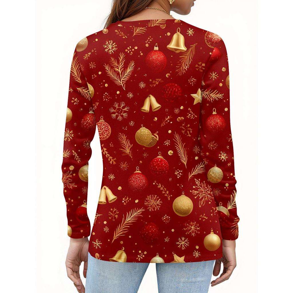 Women's Fashion Casual Christmas Printed Round Neck Long Sleeve Pullover Top