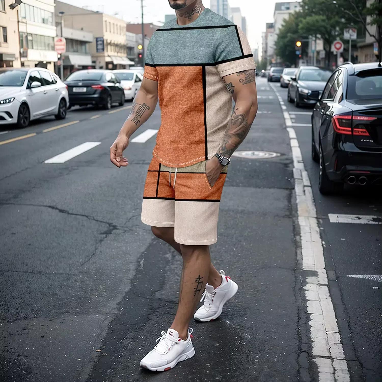 

Plus size men s novel 3D line splicing T-shirt shorts summer set street cool two-piece set suitable for large and tall men S-5XL 4XL