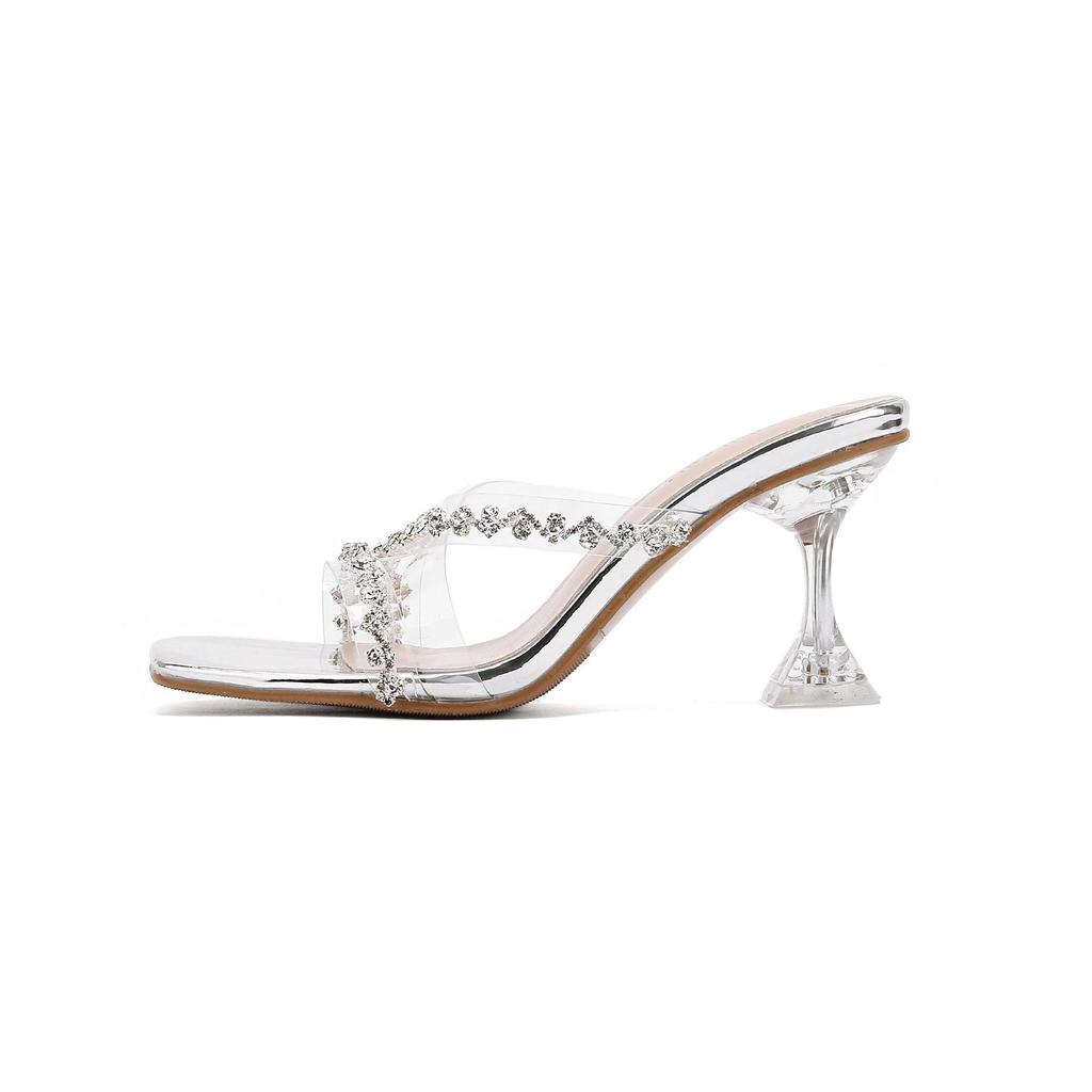 Crystal Rhinestone Thin Heel High Heels Sandals - Women's Fashionable Long Legs Summer Slippers