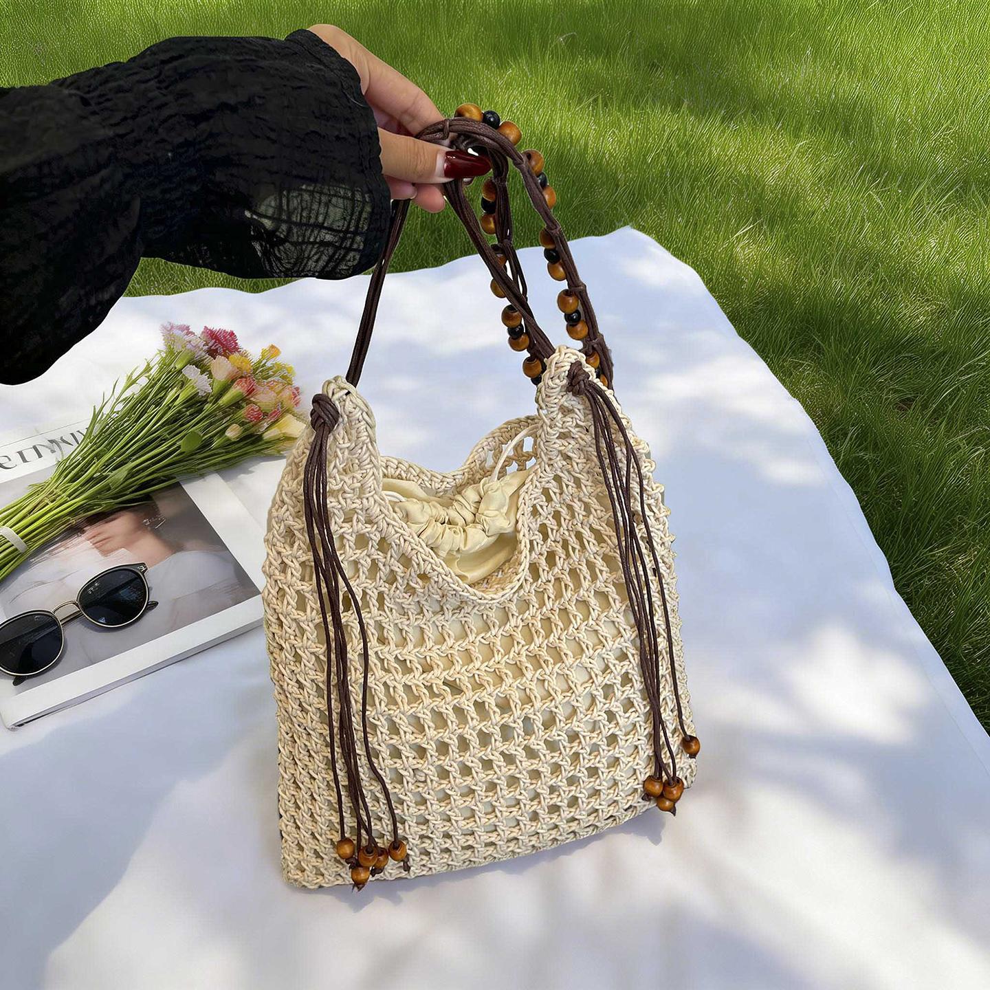 

2026 New Women s Woven Handbag Beaded Chain Single Shoulder Casual Bag Adjustable Hollow out Strap Fashionable Ladies Bag бежевый