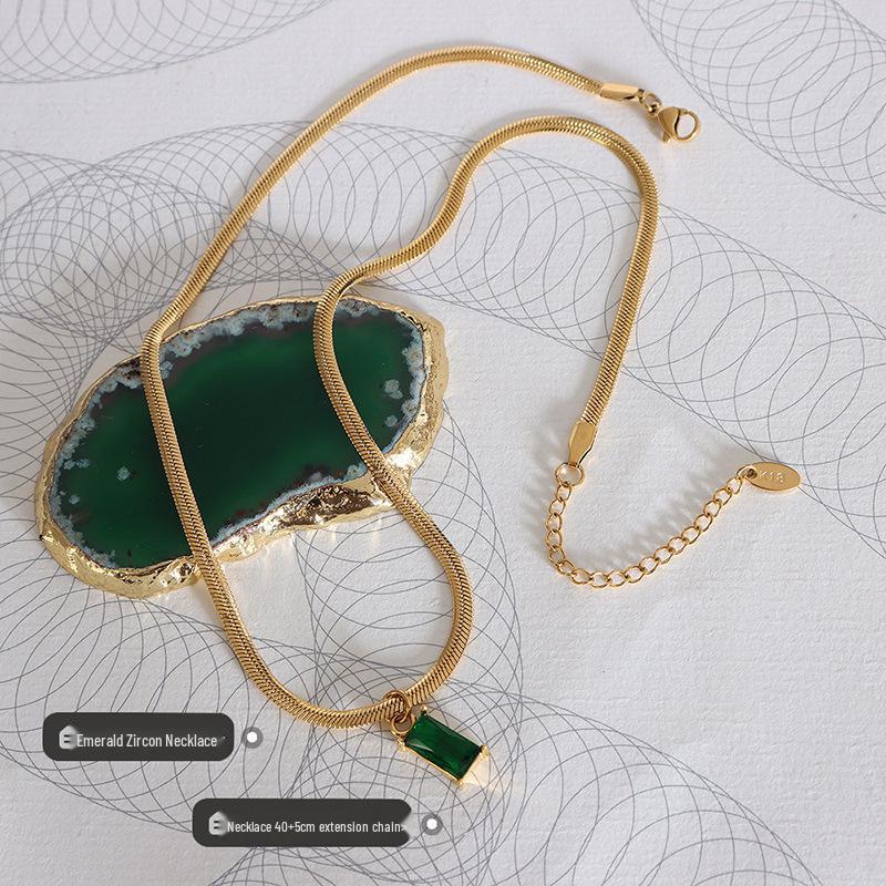 Japanese-Korean Style Gold-Plated Titanium Snake Chain with Emerald Zircon Pendant