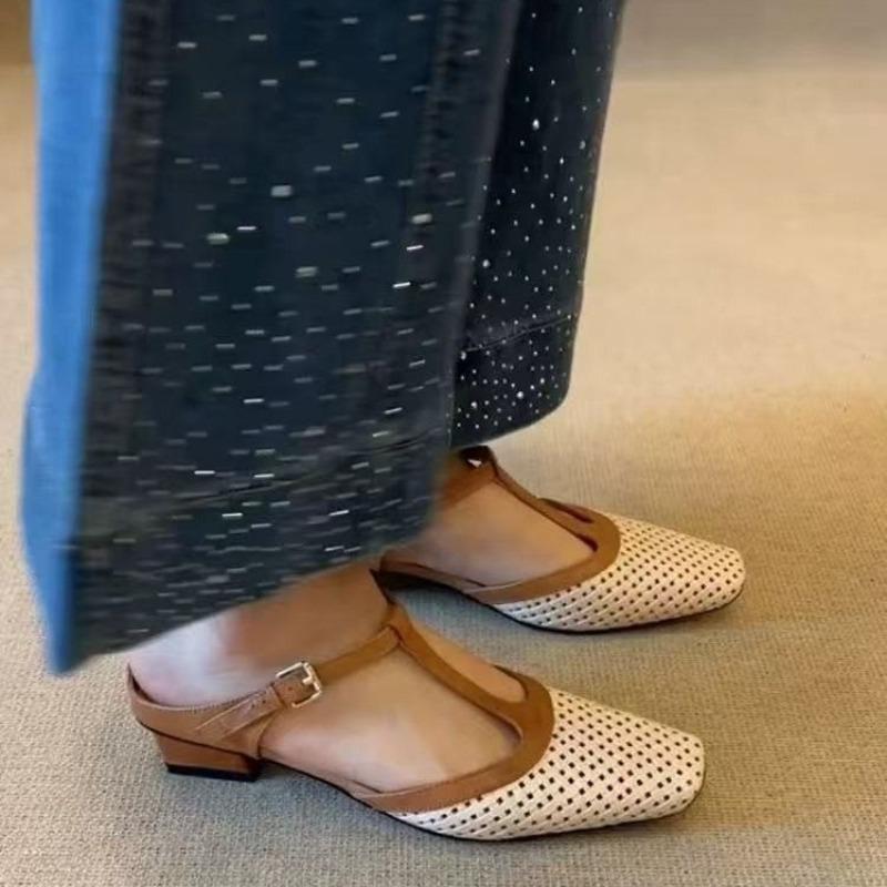 Women Mid Heels Slippers Fashion Square Toe Mules Shoes Heeled Sandals 2025 Slingback Flip Flops New Pumps Dress Mujer Zapatos