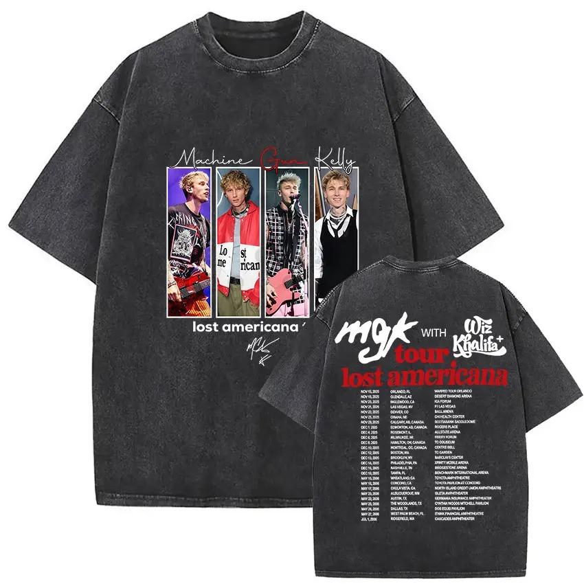 Rapper MGK Lost Americana Tour 2026 T-shirts Machine Gun Kelly Vintage Washed Graphic T shirt Man's Hip Hop Short Sleeve T-shirt