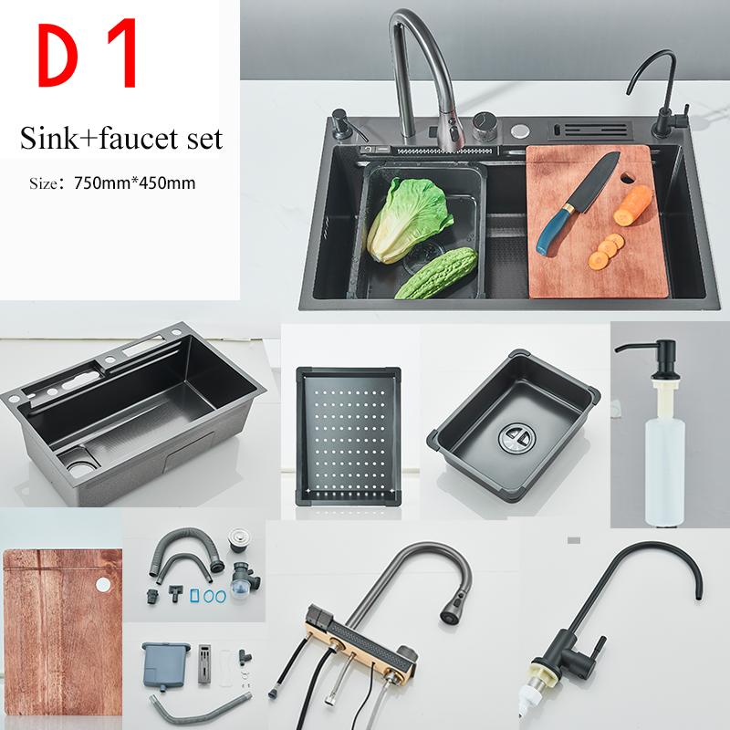 Stainless Steel Kitchen Waterfall Sink Digital Display Large Single Sink Dish Basin Sink With Multifunction Touch Waterfall