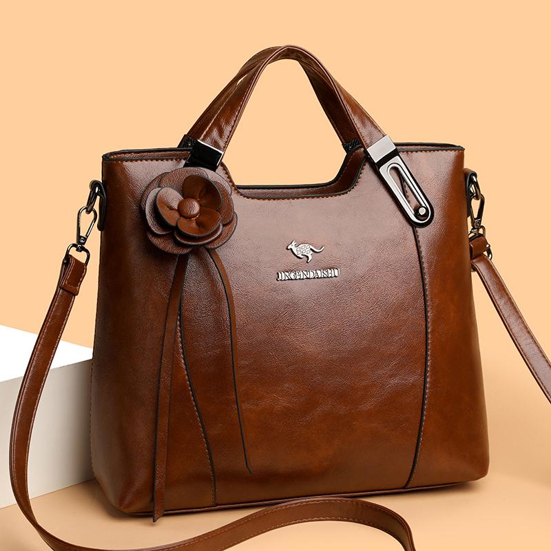 Retro PU Leather Handbags for Women Flower Decor Women's Shoulder Bag Leather Tote Bag