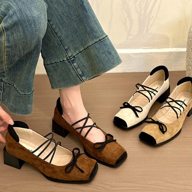 Fashion Autumn New Coarse Heel Single Shoes Women's Square Head Shallow Mouth Suede Butterfly Knot Soft Sole Non-slip Low Top Shoes