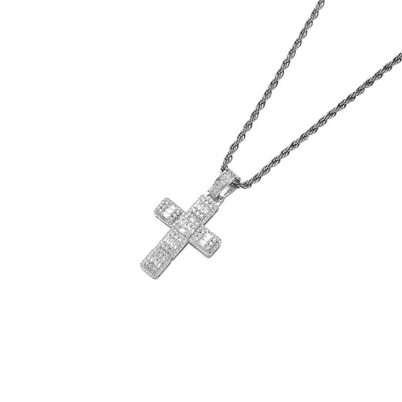 Baguette Cut Iced Out Cross Pendant Necklace For Men/Women Gold Plated Stainless Steel Hip Hop Jewelry серебряный