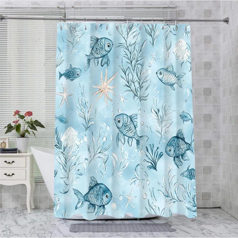 Lovely Fishes Pattern Bathing Curtain Bathroom Shower Curtain Waterproof With 12 Hooks Home Deco