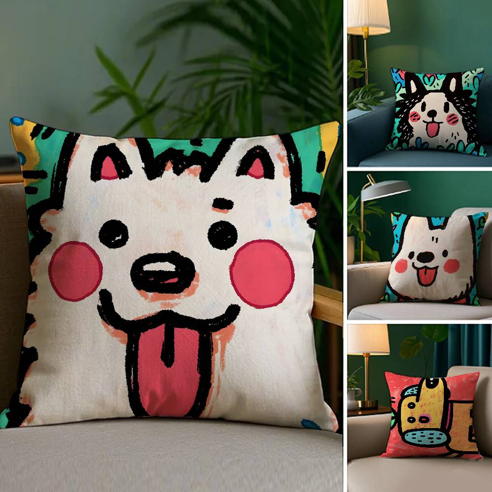 Cute Color Dogs Pillow Case Sofa and Living Room Decorative Cushion Covers Dust-proof and Mite-proof Invisible Zipper