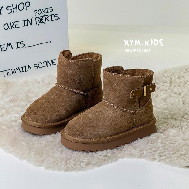 Kids Winter Snow Boots Boys Girls Warm Faux Suede Ankle With Buckle Thick Fleece Lining