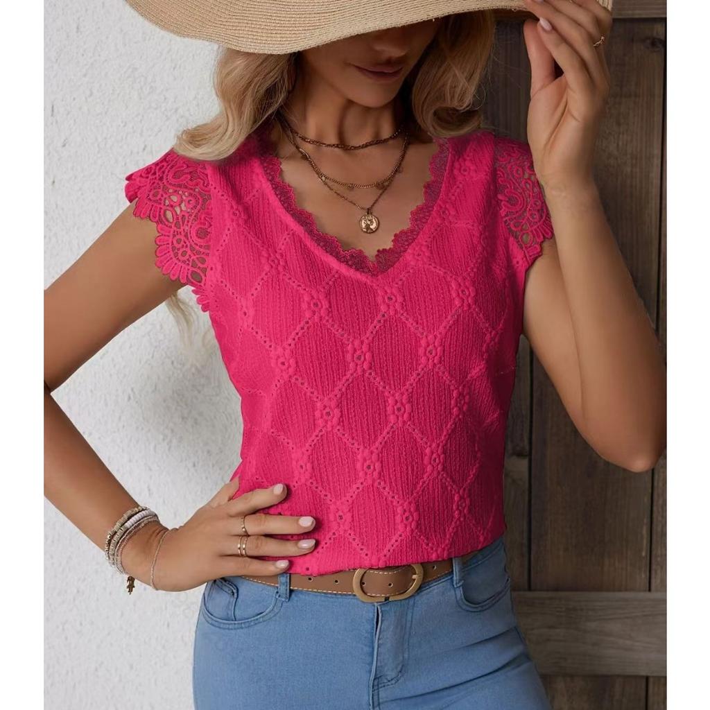 Summer New Lace Splicing, Women's Fashion Thin Section V-neck Pullover Shirt Tops Outside