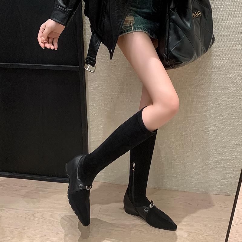 European popular temperament elastic thin boots brown fashion versatile pointed flat bottom inner height increasing boots high women's boots