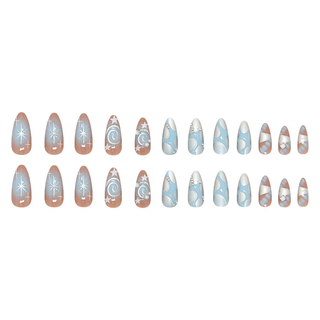 24PCS Blush Blue Fake Nails with Star Printed Chip-Proof Smudge-Proof Fake Nails for Fingernail DIY Decoration