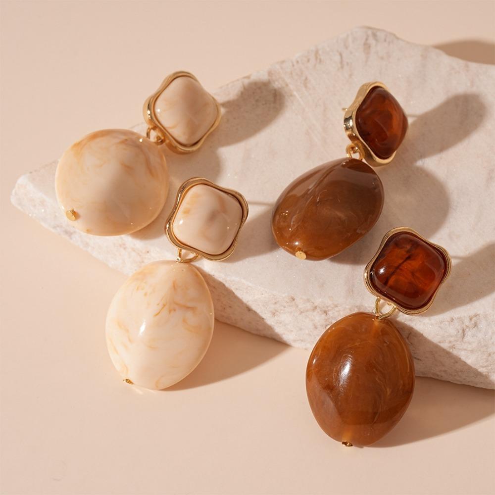 Retro Amber Tone Resin Marble Pattern Drop Earrings Double Layer Geometric Oval Dangle Earrings for Women Statement Jewelry Gift