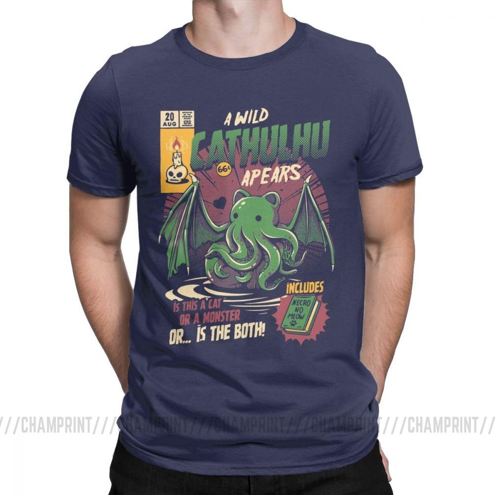 

A Wild Cthulhu T Shirts for Men Pure Cotton Casual TShirt Cat Monster Skull Cartoon Tops Cute Funny Tee Shirt New Arrival 4XL