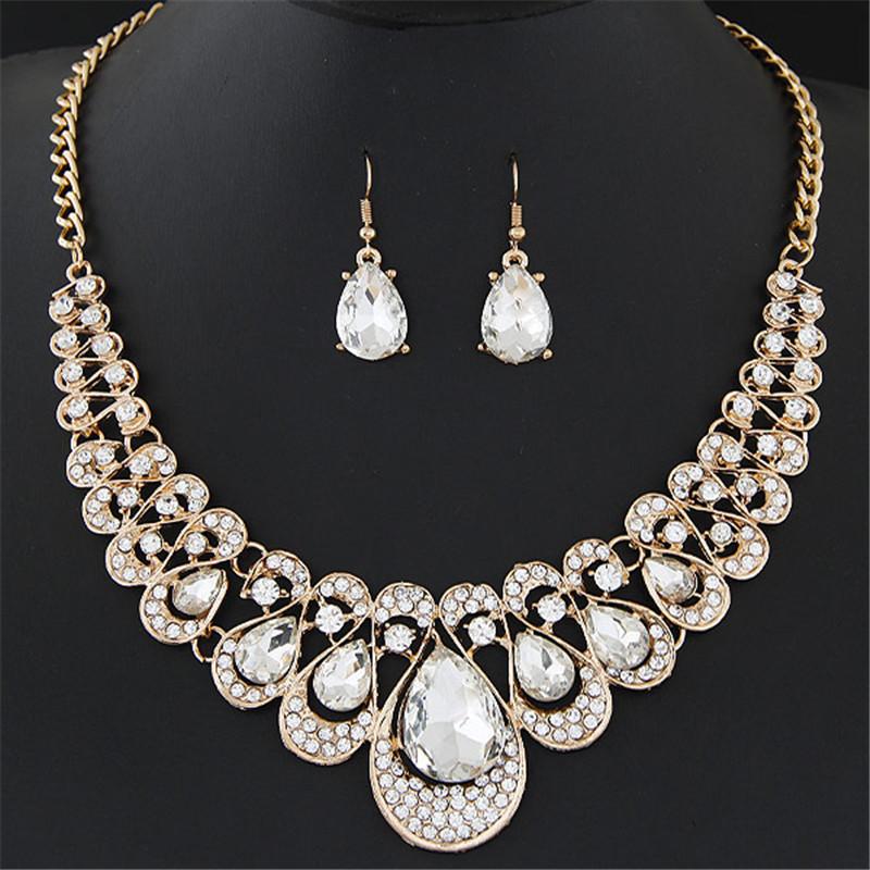 Fashion, Metal Sparkling Diamonds, Gem Temperament Collar Necklace, Water Drop Earrings Set, Water Drop Jewelry
