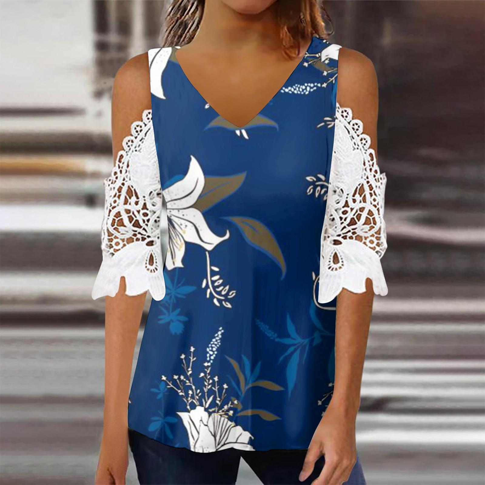 

Женский кружевной топ, повседневная футболка с v-образным вырезом и принтом, свободная футболка с короткими рукавами и кружевными вставками. XXXL синий
