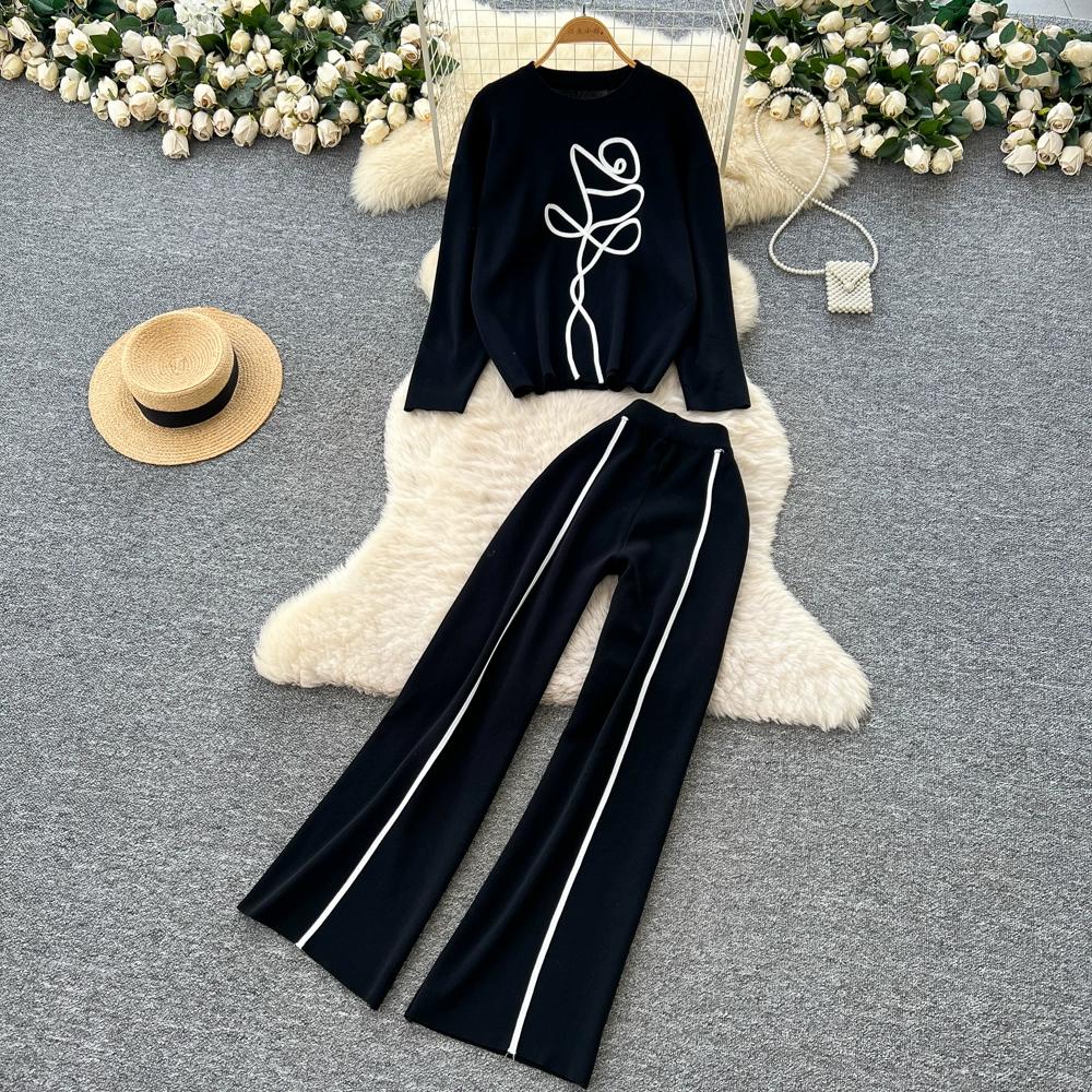 

Осенне-зимний женский повседневный вязаный свитер и брюки, комплект из двух предметов, с длинным рукавом, с цветочным пуловером, топ и брюки с широкими штанинами, спортивный костюм One Size абрикосовый