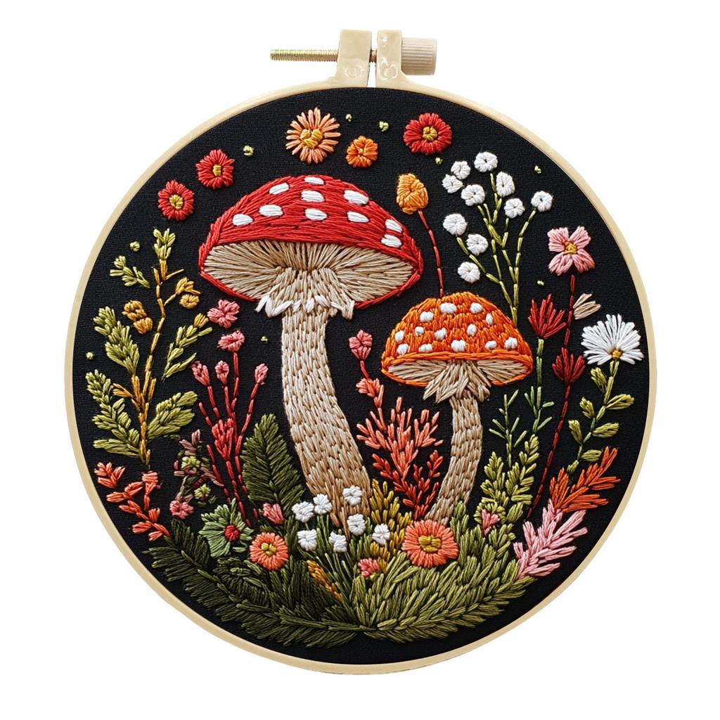 1pc Mushroom and Floral Pattern Embroidery DIY Fabric Craft Kit with Tools