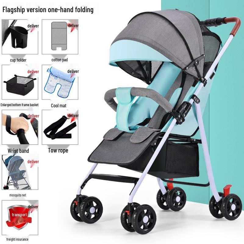 Lightweight Foldable Baby Stroller, Four-Wheeled, Convertible for Sitting or Lying, One-Button Fold Portable Design