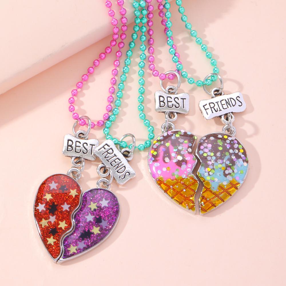 Set di 2 Collane con Ciondolo a Mezzo Cuore Colorato Catena con Perline Fascino Migliori Amici Choker Gioielli BFF Per Bambini Amicizia