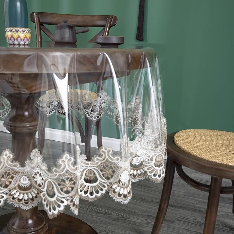 Transparent PVC Tablecloth with White Lace Tablecloth Set Round Table Cover Waterproof Oil Proof Glass Non Wash Crystal Board PVC Dining Tablecloth