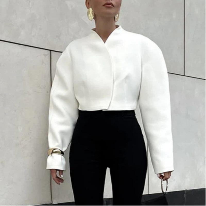 Women S White Cropped V Neck Long Sleeve Loose Elegant Jacket