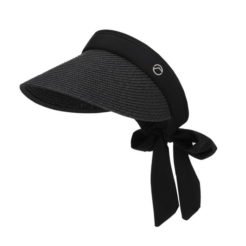 Ribbon Strap Straw Beach Hat Breathable Visor Hat Fashion Empty Top Hat  Summer