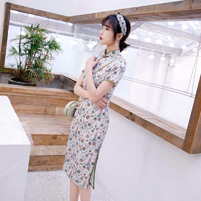 1011 summer new fashionable and elegant slim double-layer medium and long finch feather satin improved cheongsam dress diagonal placket