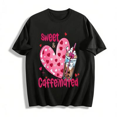 Sweet And Caffeinated Heart Print Casual Top Pure Cotton T-shirt