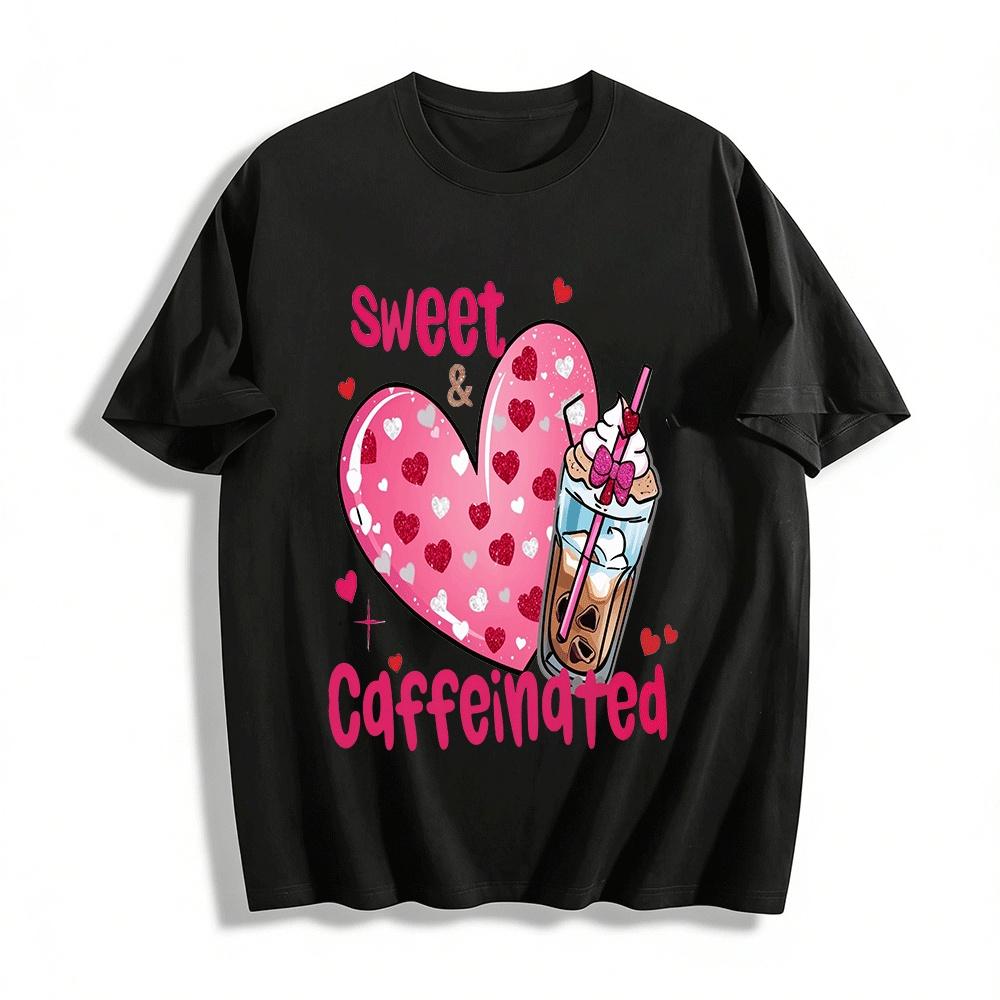 Sweet And Caffeinated Heart Print Casual Top Pure cotton T-shirt XXS