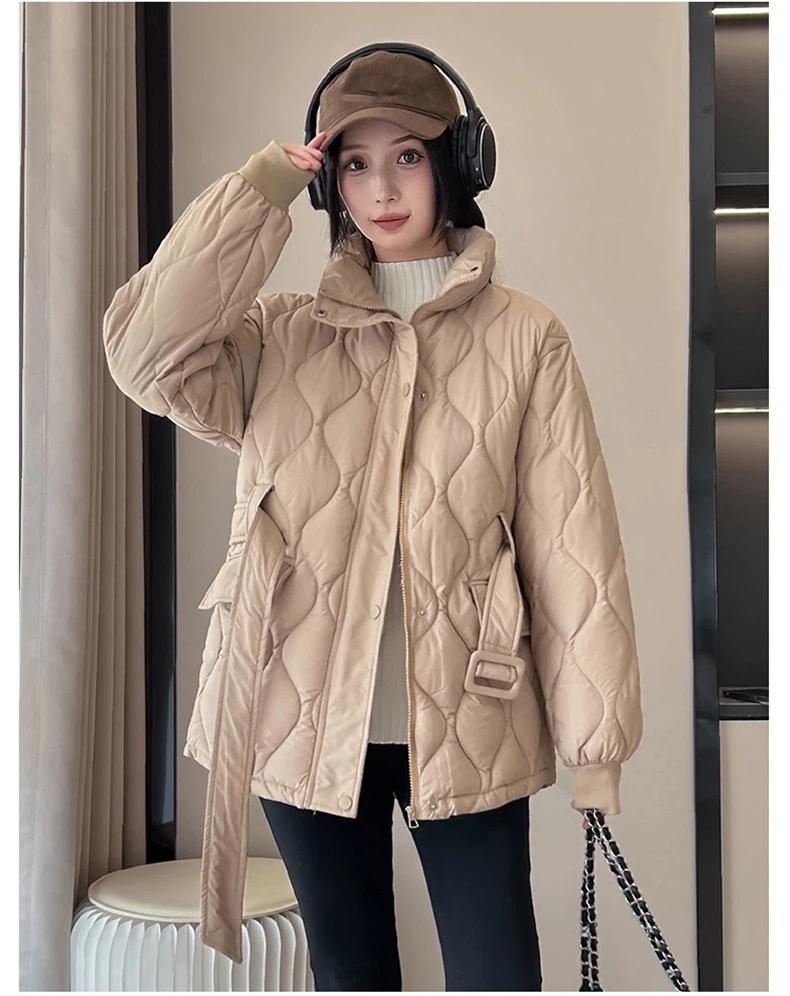 Women’s Short Quilted Windproof Winter Jacket With Belt