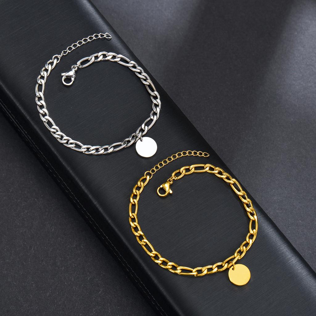Atoztide Engraved Name Bracelets Stainless Steel For Men Women Personalized Letter Date Bangle Thick Figaro Chain Jewelry Gift