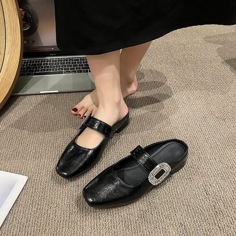 Fashion 2025 New Fashion Square Head Rhinestone Buckle Strap Sexy Slingback Sandals Women Pumps Slippers Low Square Heels Banquet Shoes