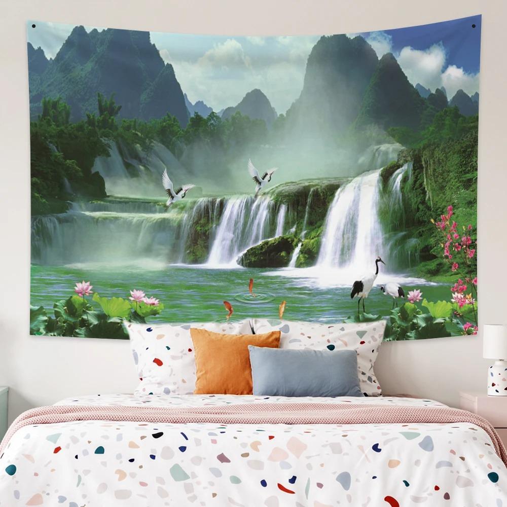 Lotus Forest Tapestry Bohemian Bedroom Waterfall Pattern Background Cloth Home Decor Living Room Wall Hanging Cloth