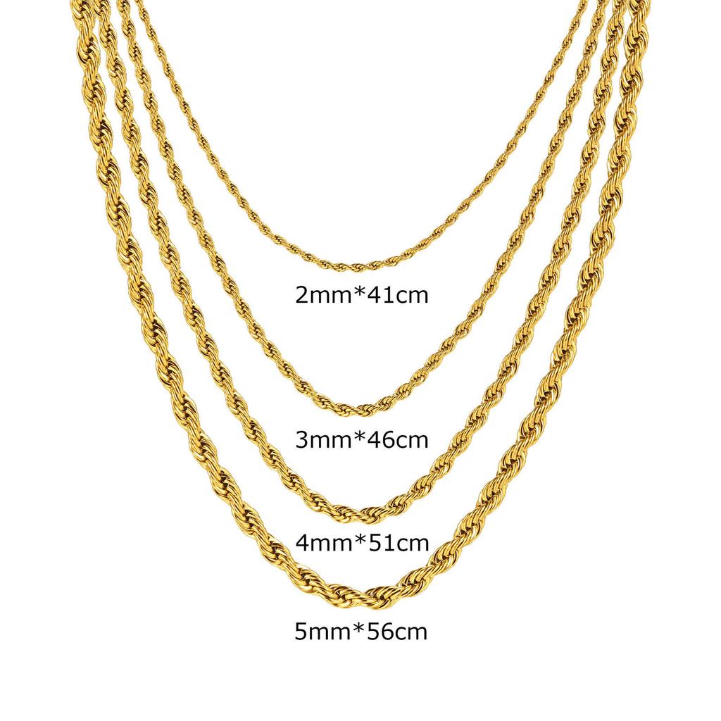 Classic 2/3/4/5MM Gold Plated Stainless Steel Rope Twist Chain Necklace for Men Women Waterproof Fade Resistant
