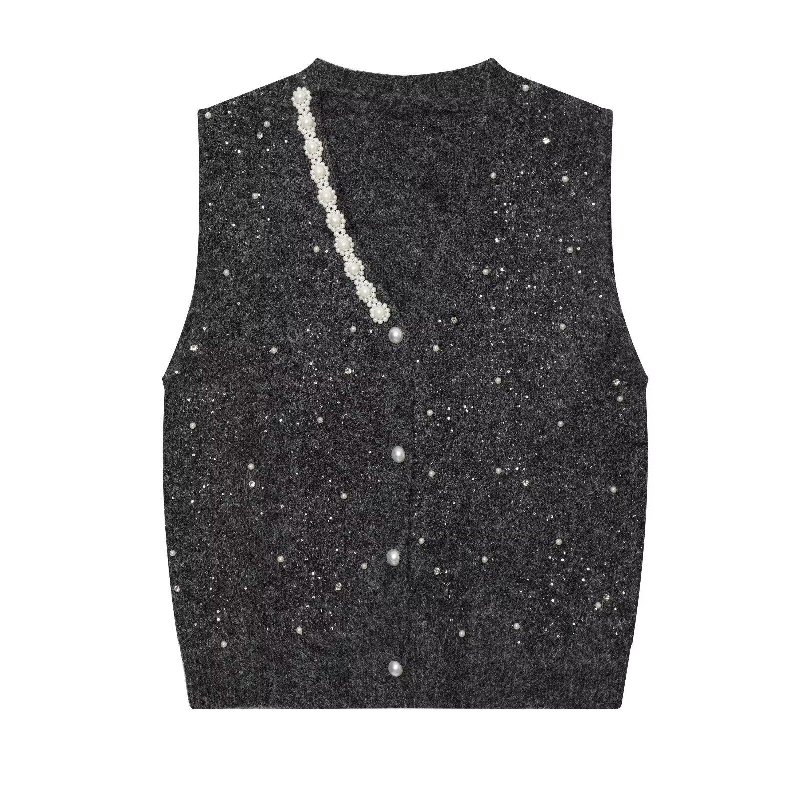 European and American style, new women s clothing, foreign style, fashionable, fashionable, versatile V-neck beaded vest S темно-серого