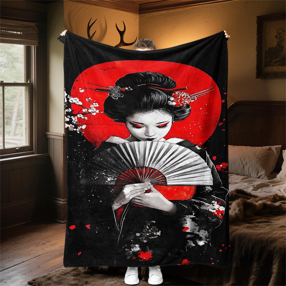 1pc Geisha Sakura Outdoor Flannel Blanket Soft Warm All-Season Throw for Sofa Bed Car Camping Office, Cozy Gift Idea1182S