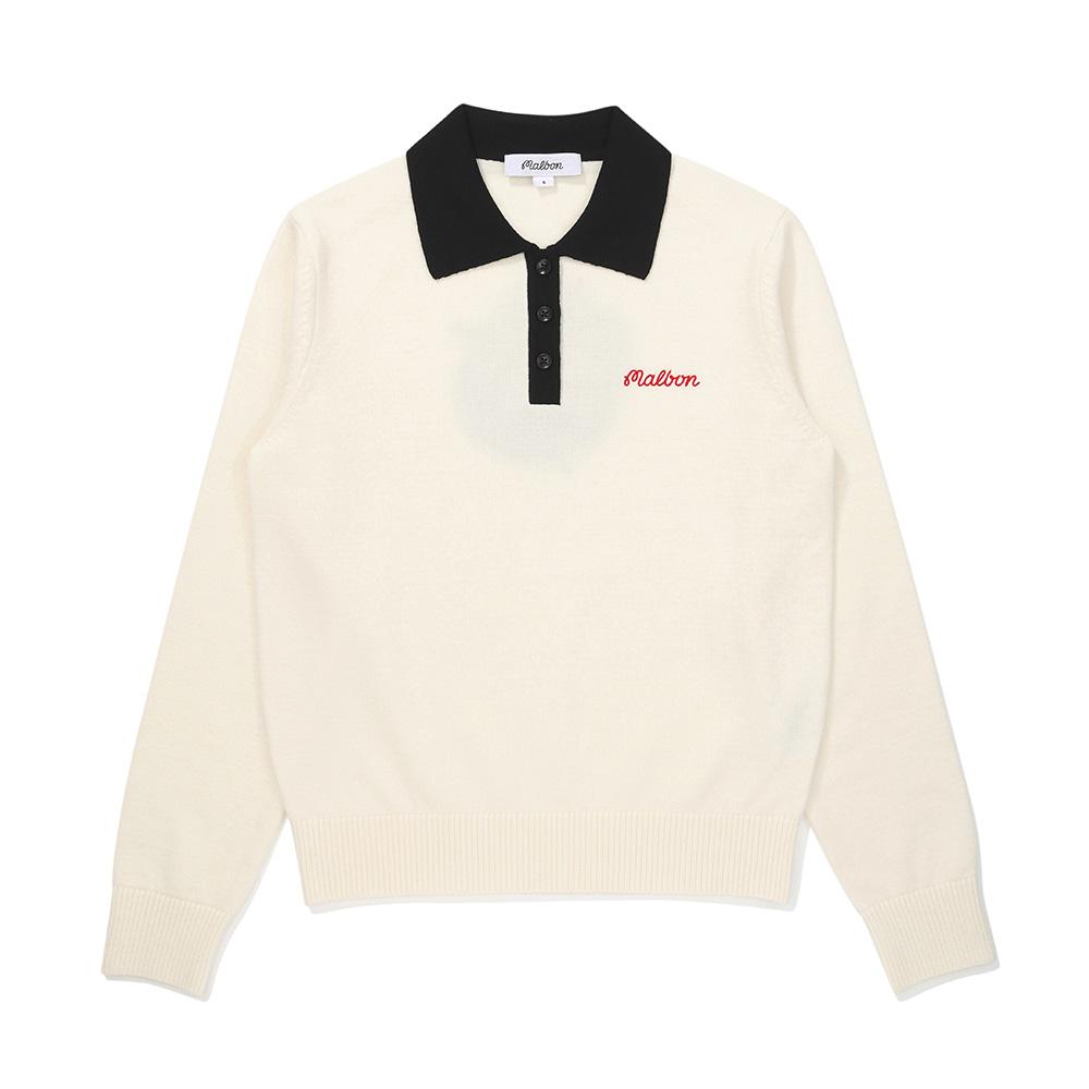 MALBON GOLF Women'S Collar Contrast Long Sleeve Single-Layer Knit Ivory (Woman)