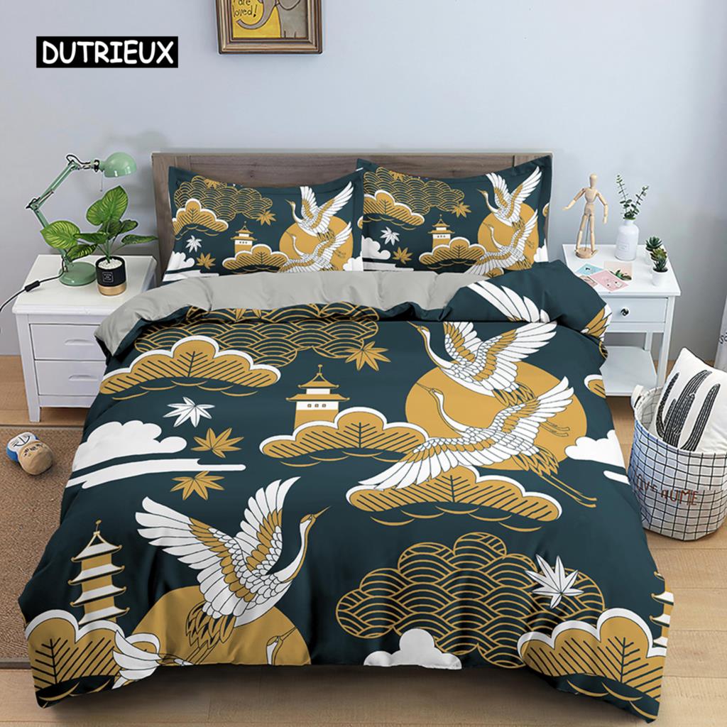 Crane Printed Bedding Set Luxury Duvet Cover Queen Size Comforter Cover Sets for Kids Teen Bedroom Decor Microfiber Quilt Cover