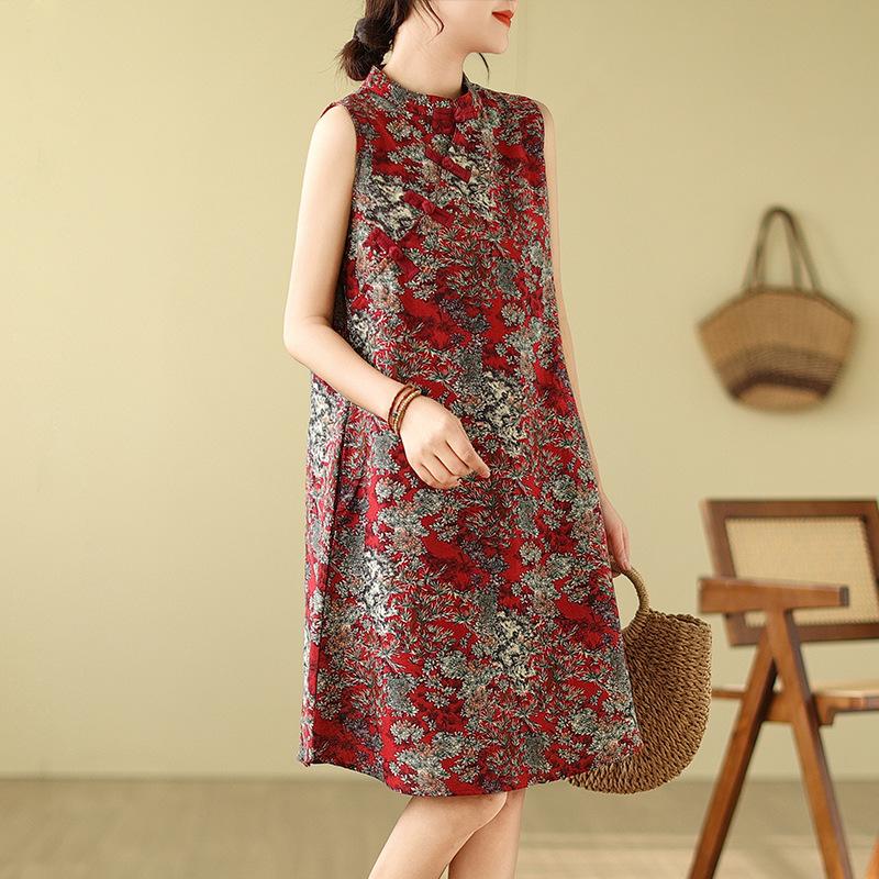 Retro Modifizierter Scheibenknopf Cheongsam Rock Locker Schlankmachendes Ärmelloses Bedrucktes Kleid