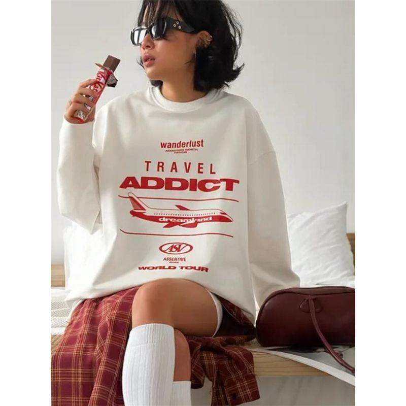 European and American Fashion Print Cotton Long sleeve Mid-Length T-shirt Women Oversize Tee T Shirt Top Women