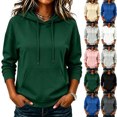 Women's Fashion Long Sleeve Hoodie Pullover Sweatshirt Solid Color Pocket Casual Pullover Sweatshirt with Drawstring Hood and Front Pocket